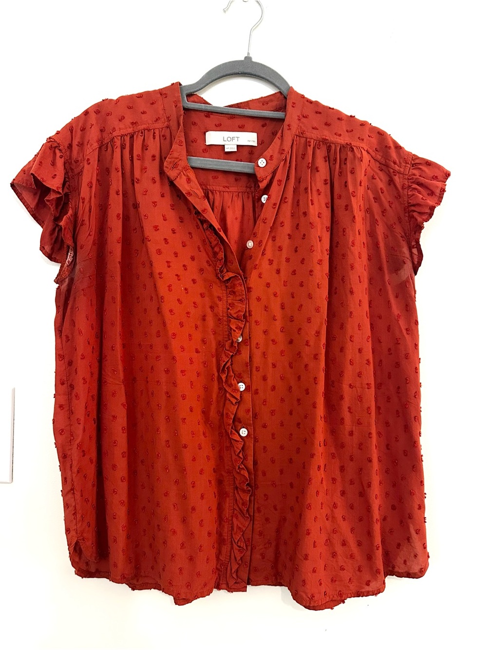 LOFT Rust Red Ruffle Front Short-Sleeve Blouse